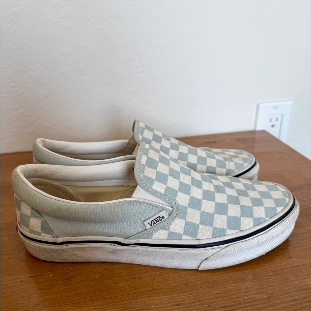 Blue and White Checkered Slip on Vans Wmns 9, Mens 7.5